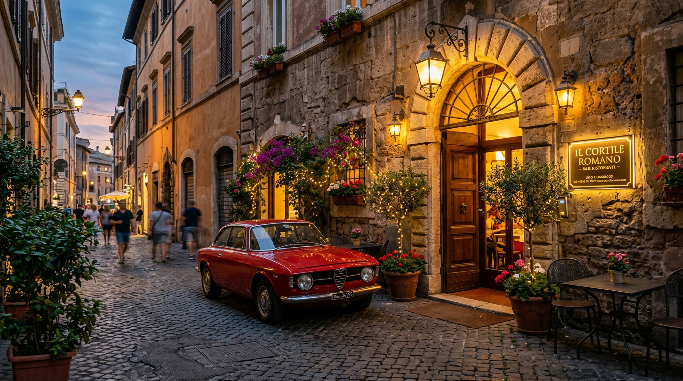 Classic Italian car parked outside a stone building entrance in Rome at dusk